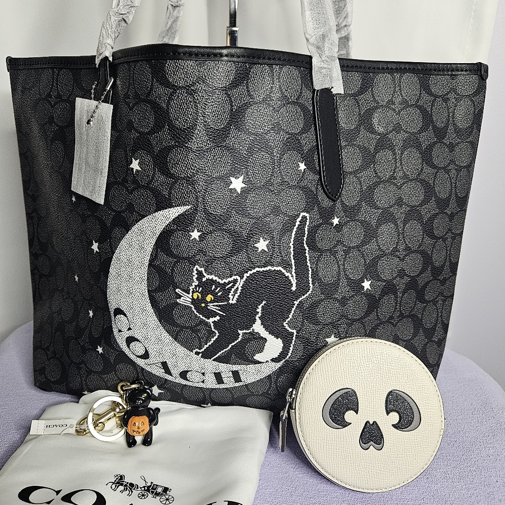 Coach Black Cat Halloween Tote with Black Cat Keychain & Skeleton Coin Purse